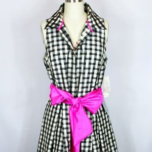 Eliza J black & white checkered dress w/ pink sash